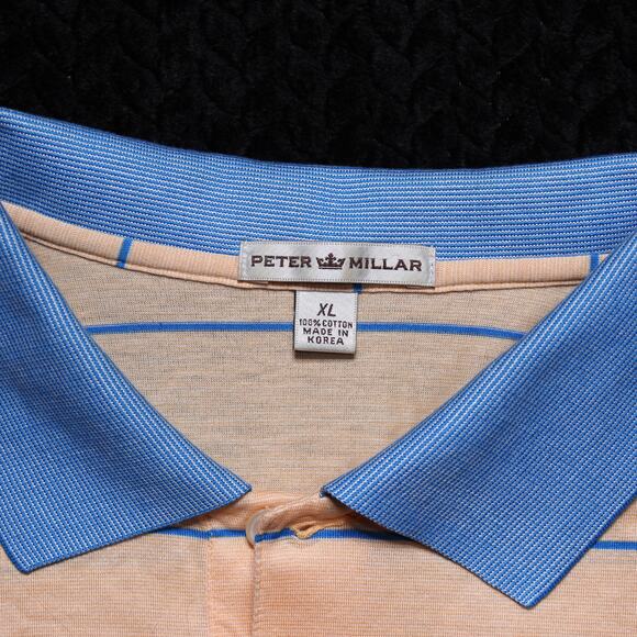 Peter Millar Polo Shirt XL Peach Blue Striped 100% Cotton - Picture 3 of 4